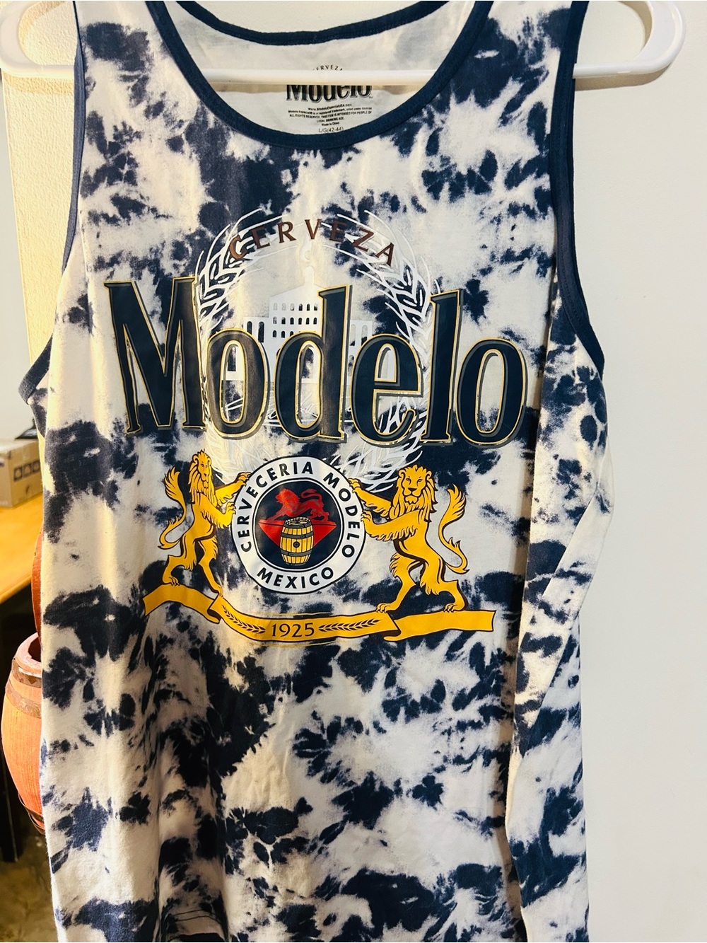 ModelCo Tie-Dye Tank Top in White and Navy with Gold Logo